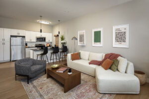 Furnished apartment interior with living room and kitchen